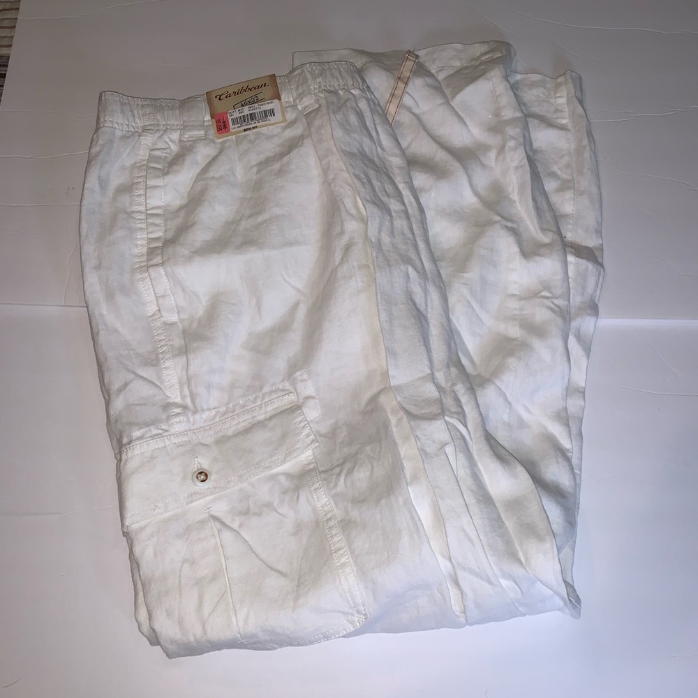 Caribbean 100% Linen Cargo Pants elastic Waist NWT